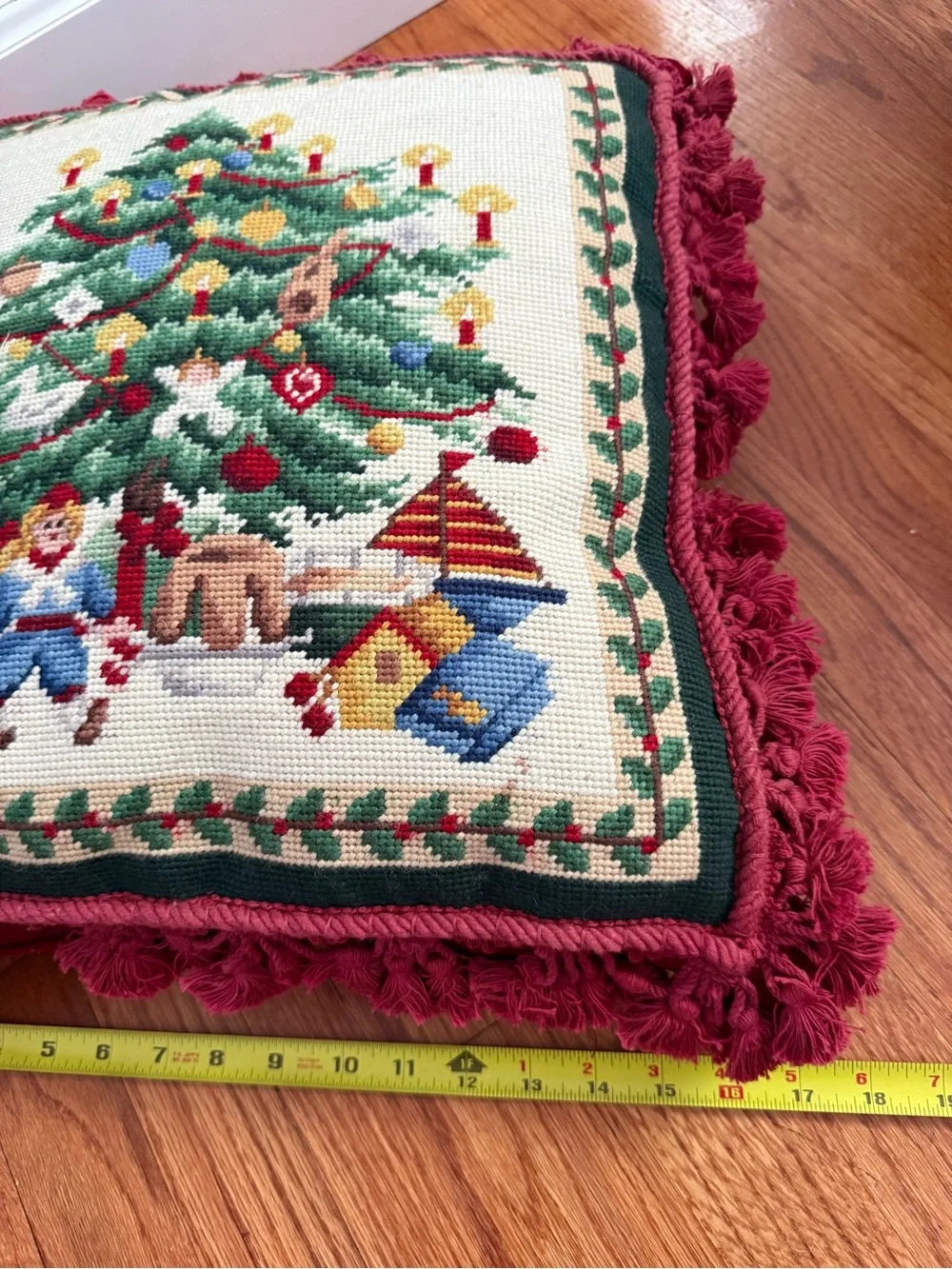 Vintage Christmas Tree Toys Under the Tree Needlepoint Pillow Red Velvet Back